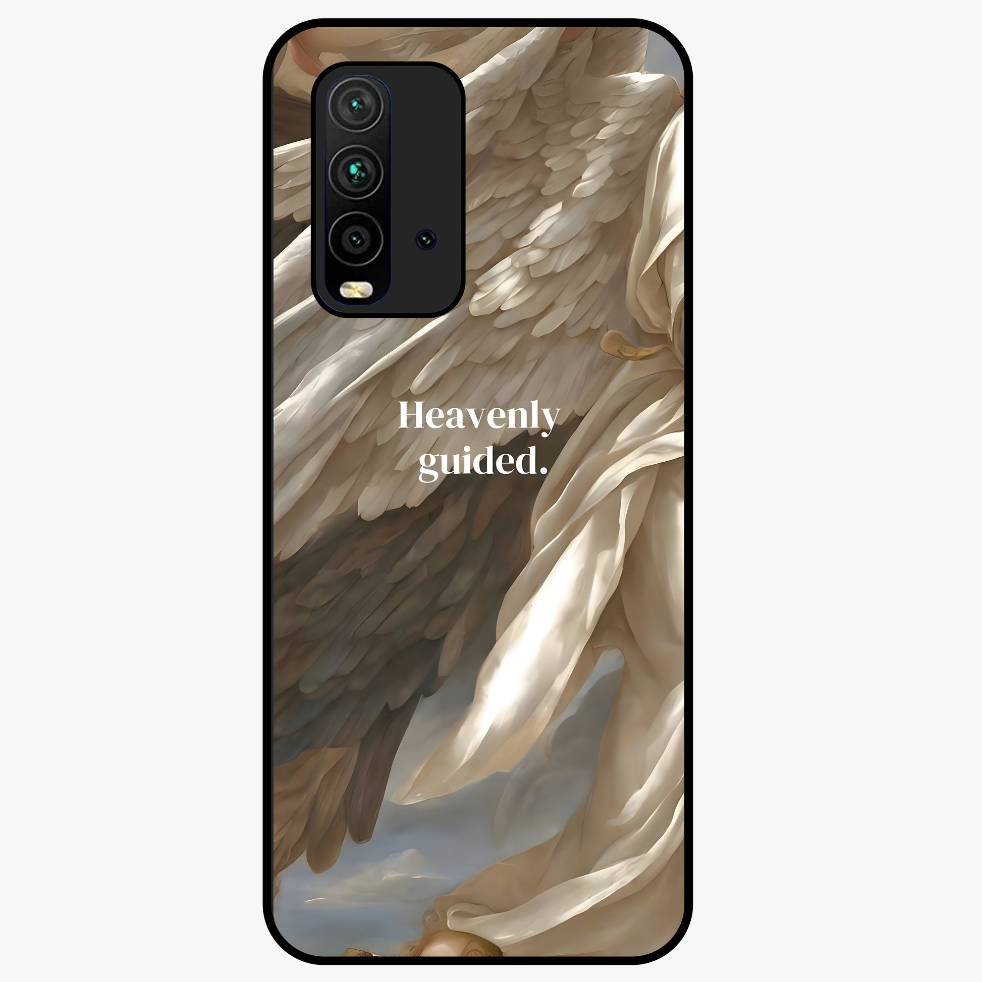 Divine Winged Grace Glass Case showing flat back view with elegant wing inspired artwork and glossy glass finish.