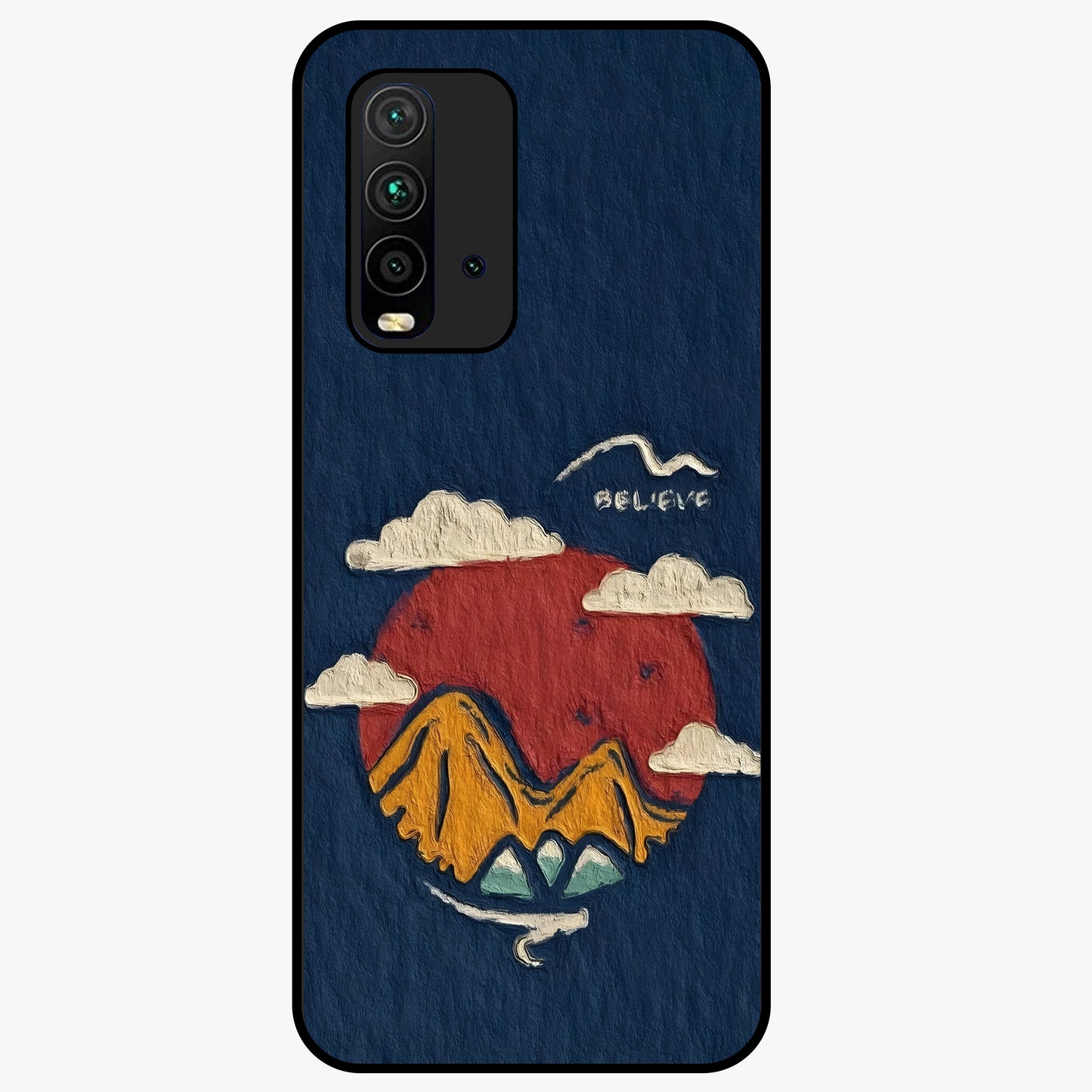 Dream Beyond Mountains Glass Case showing flat back view with scenic mountain landscape artwork and glossy glass finish.