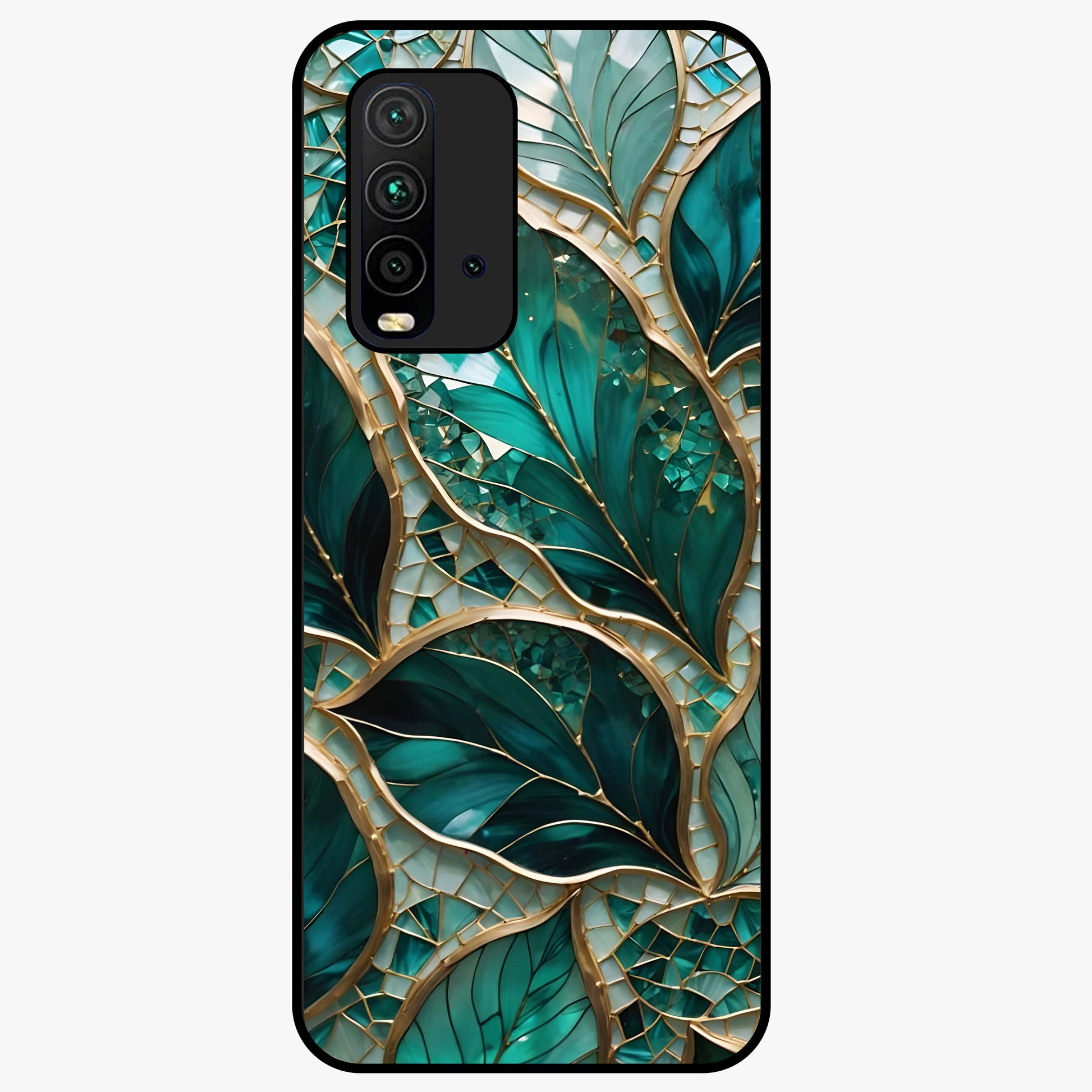 Emerald Leaf Glass Glass Case showing flat back view with emerald green leaf artwork and glossy glass finish.