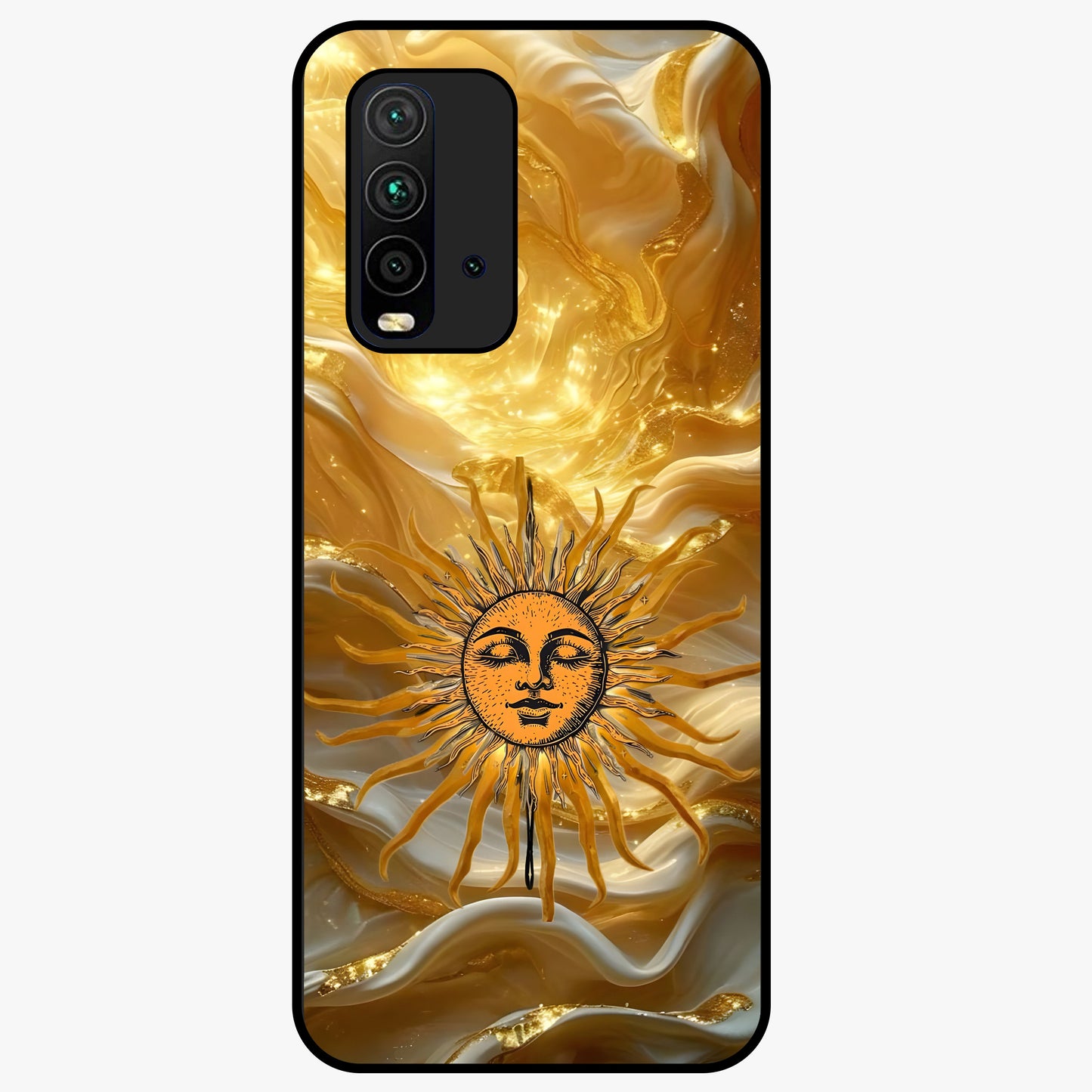 Eternal Golden Glow Glass Case showing flat back view with radiant golden themed artwork and glossy glass finish.