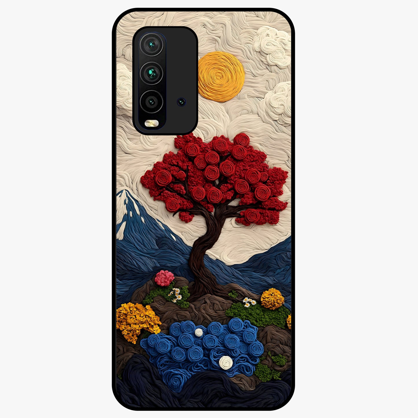 Eternal Nature Tapestry Glass Case showing flat back view with intricate nature tapestry artwork and glossy glass finish.