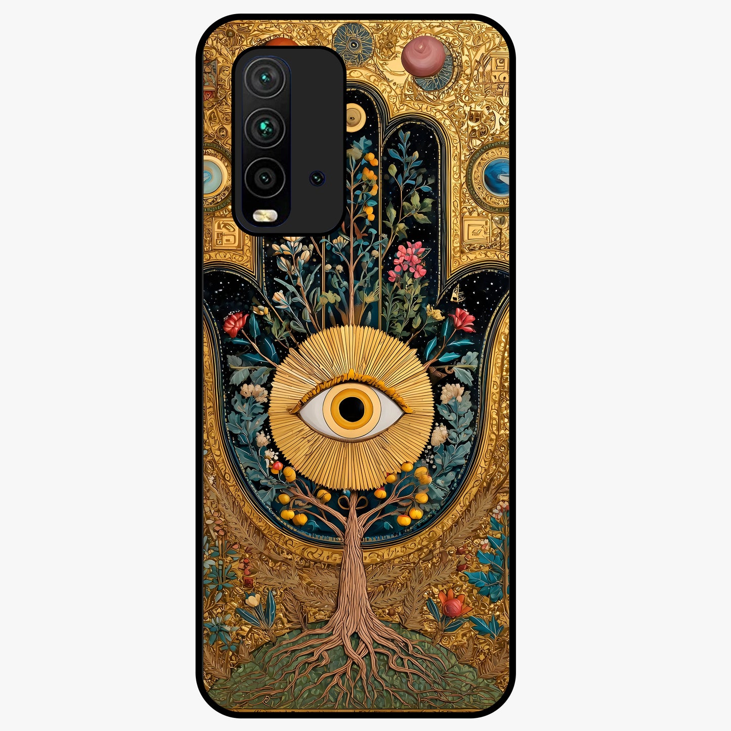 Ethereal Evil Eye Glass Case showing flat back view with mystical evil eye artwork and glossy glass finish.
