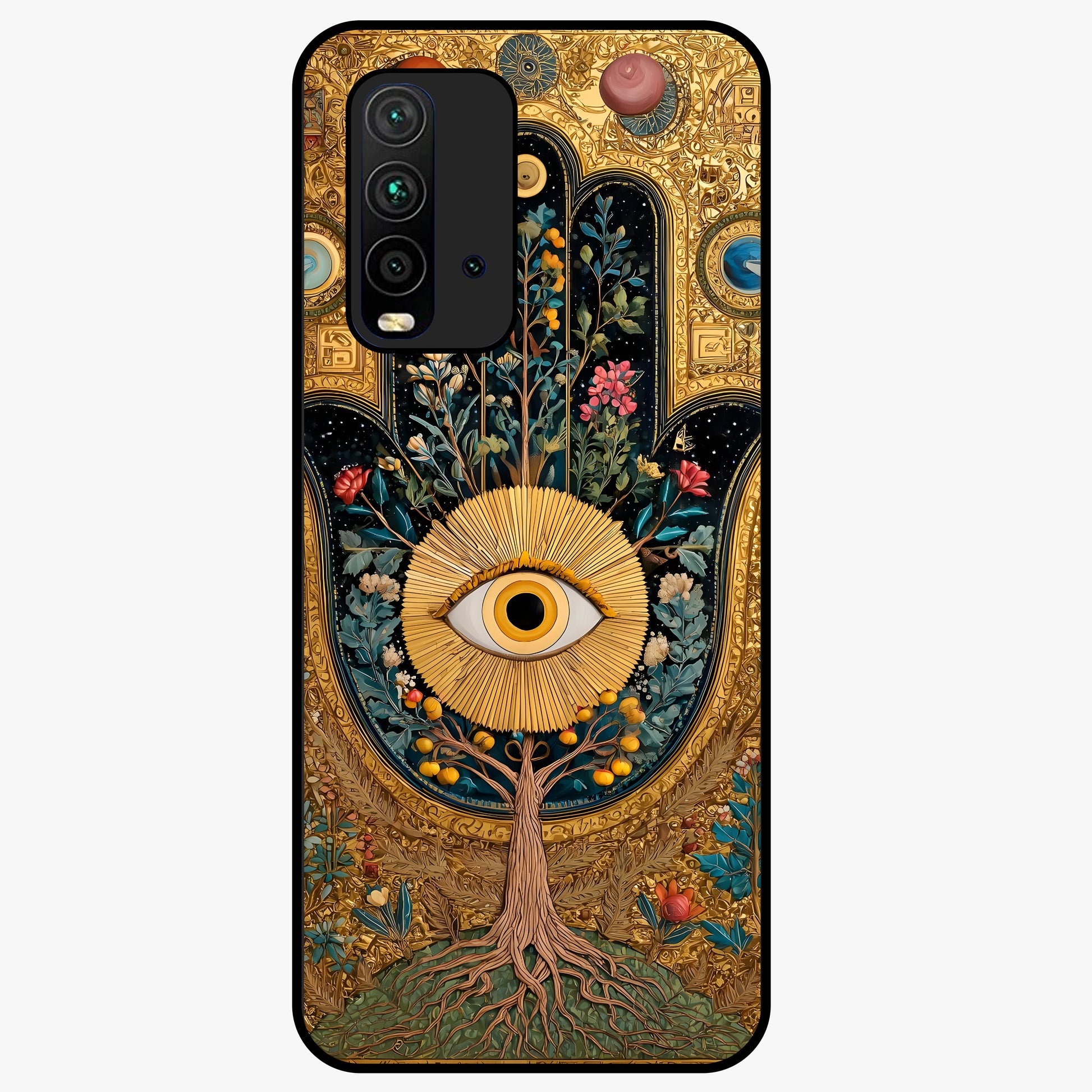 Ethereal Evil Eye Glass Case showing flat back view with mystical evil eye artwork and glossy glass finish.