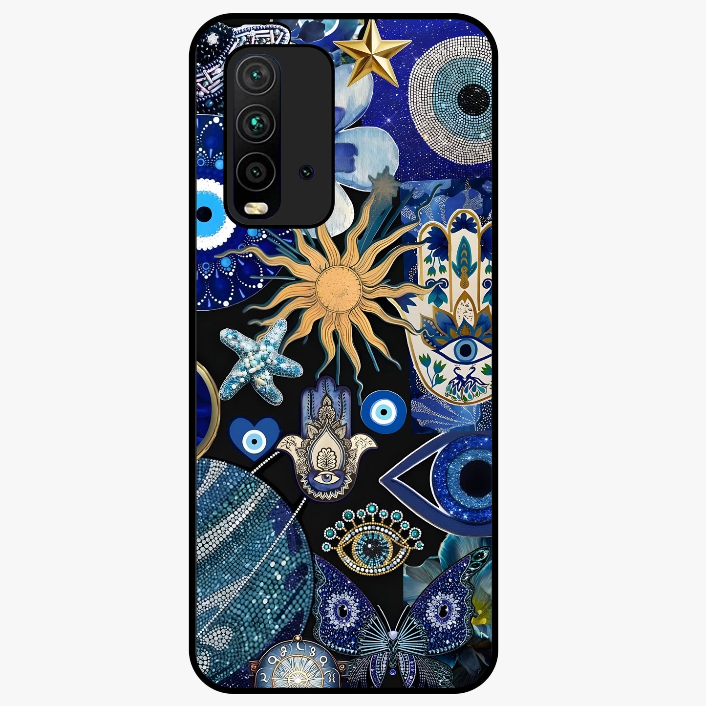 Evil Eye Charm Mix Glass Case showing flat back view with multiple evil eye charms artwork and glossy glass finish.