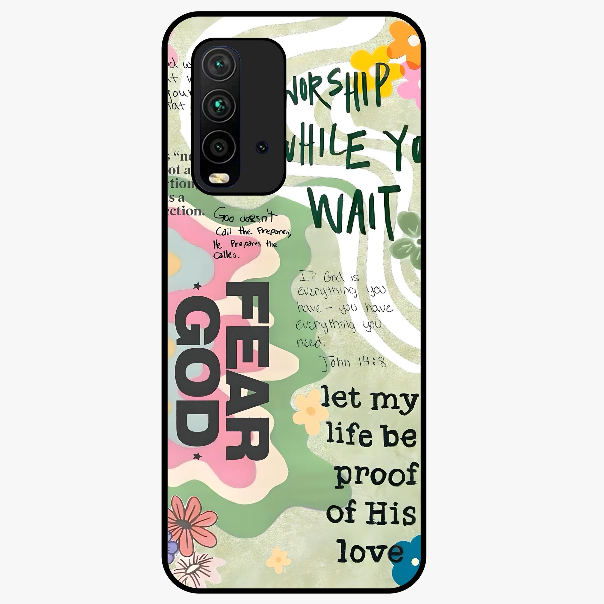 Faith Over Fear Glass Case showing flat back view with motivational typography artwork and glossy glass finish.