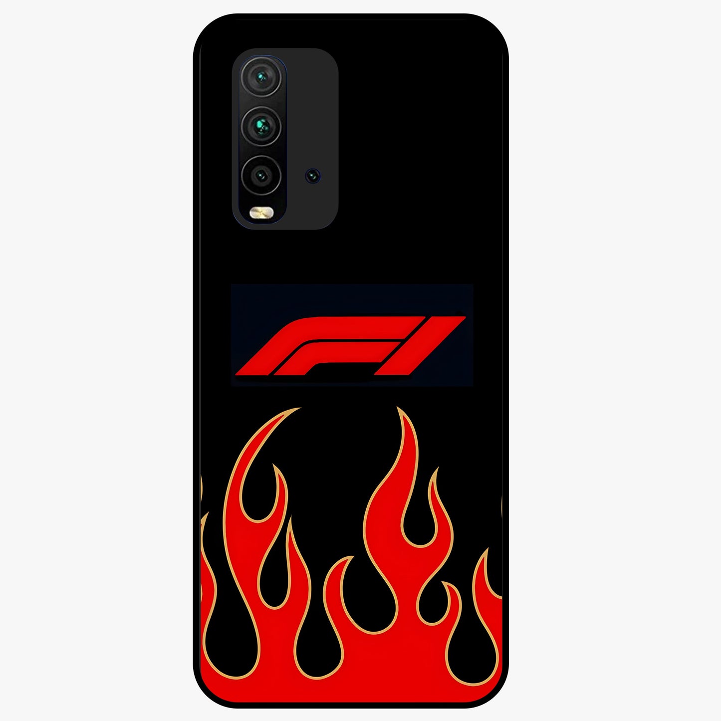 Fire F11 Glass Case showing flat back view with fiery themed artwork and glossy glass finish.