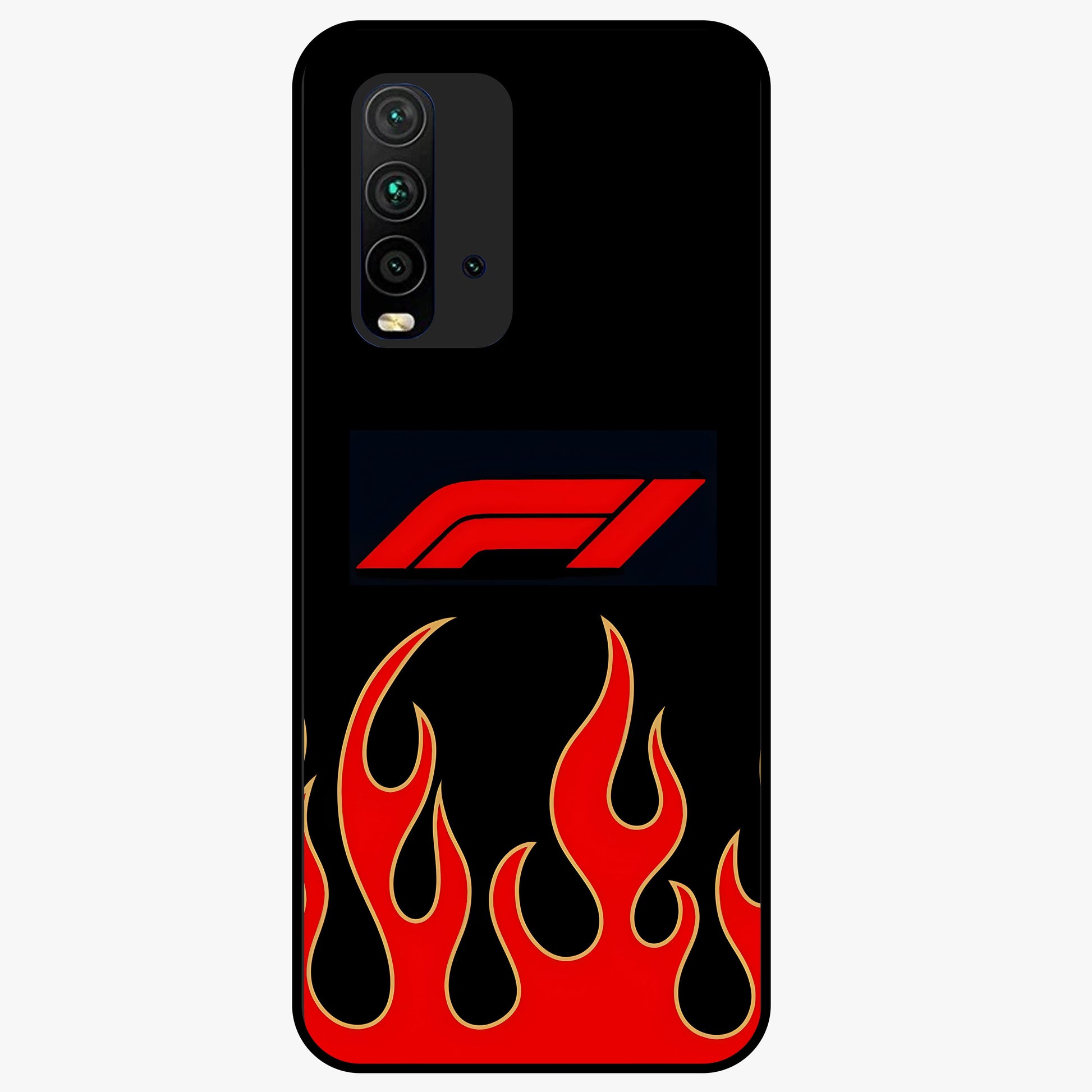 Fire F11 Glass Case showing flat back view with fiery themed artwork and glossy glass finish.
