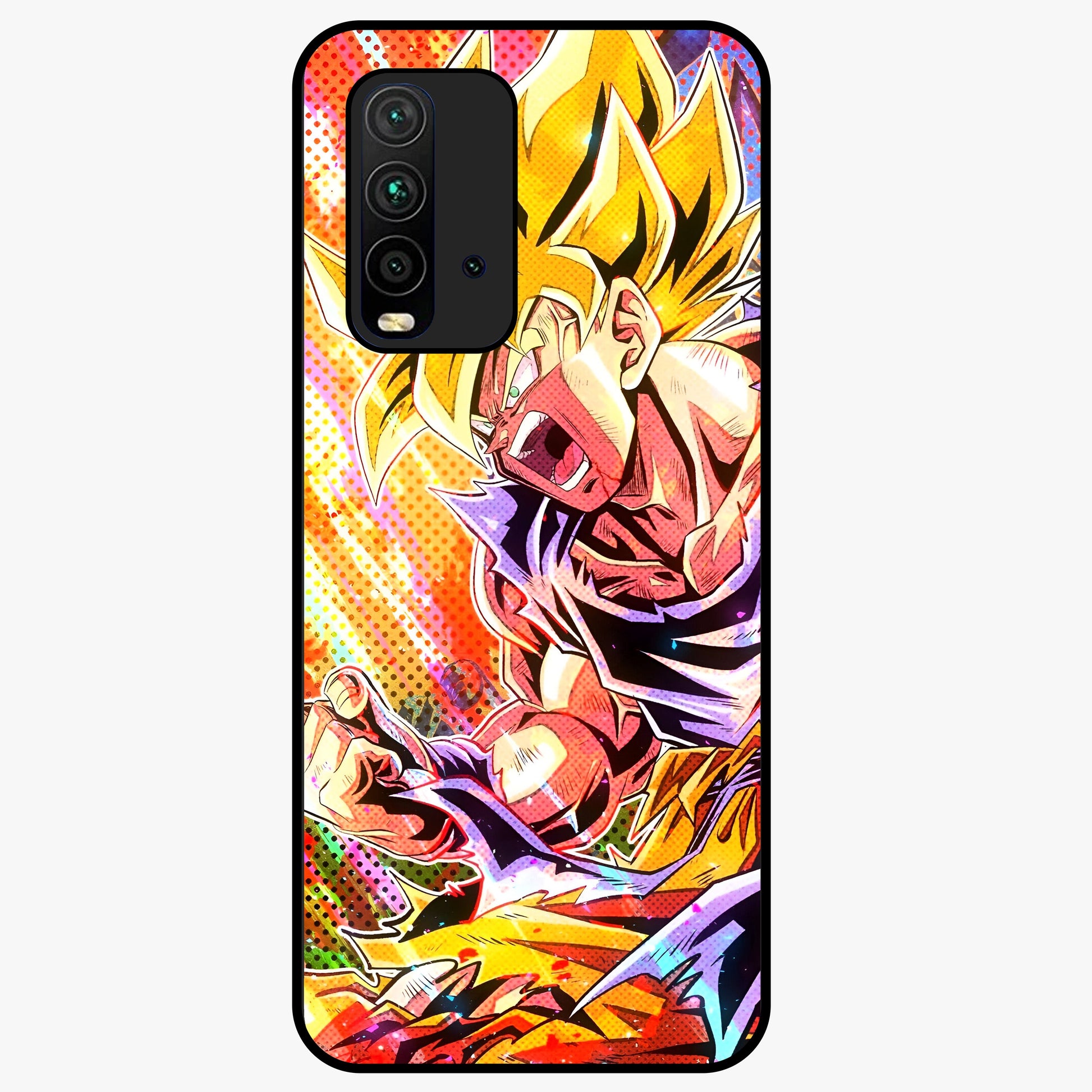 Firing Goku Glass Case showing flat back view with powerful anime inspired artwork and glossy glass finish.