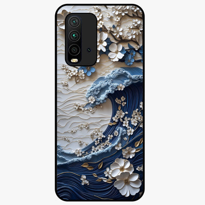 Floral Wave Origami Glass Case showing flat back view with origami inspired floral wave artwork and glossy glass finish.