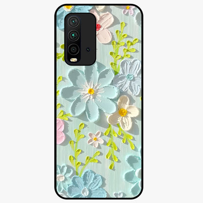 Frosted Petal Garden Glass Case showing flat back view with soft frosted floral artwork and glossy glass finish.
