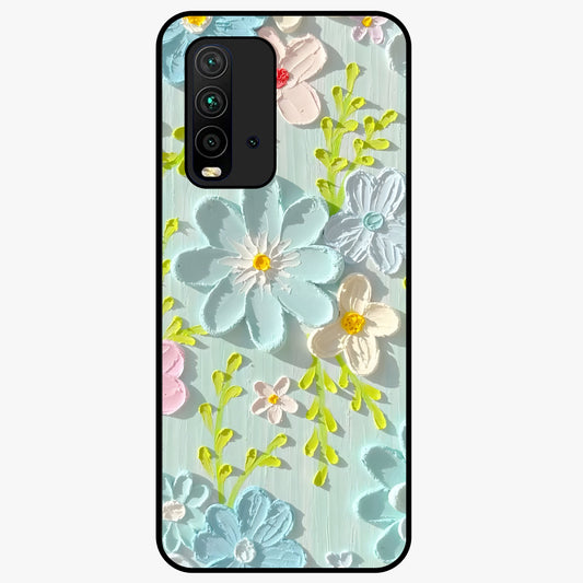 Frosted Petal Garden Glass Case showing flat back view with soft frosted floral artwork and glossy glass finish.