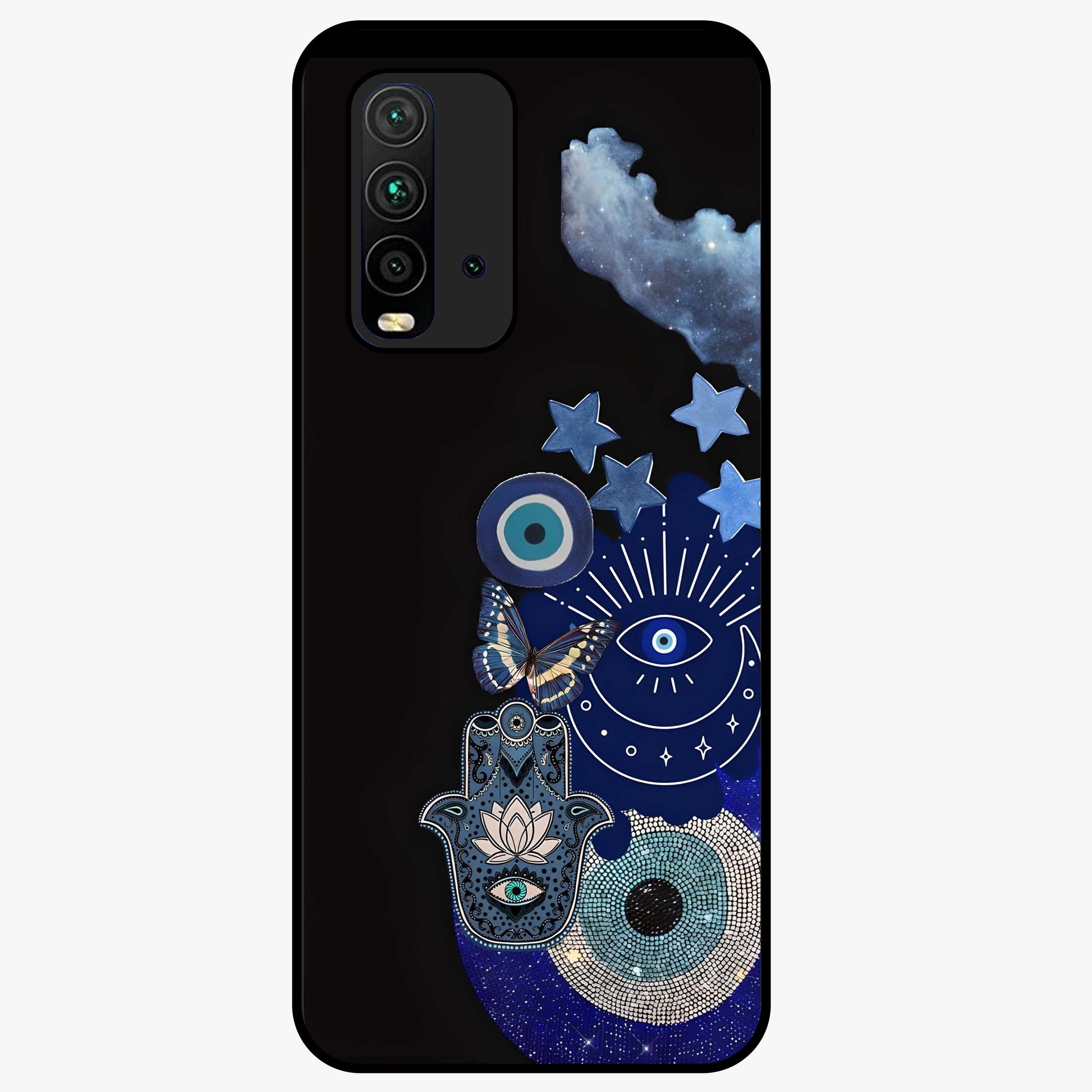 Galactic Charm Cluster Glass Case showing flat back view with glowing celestial charm artwork and glossy glass finish.