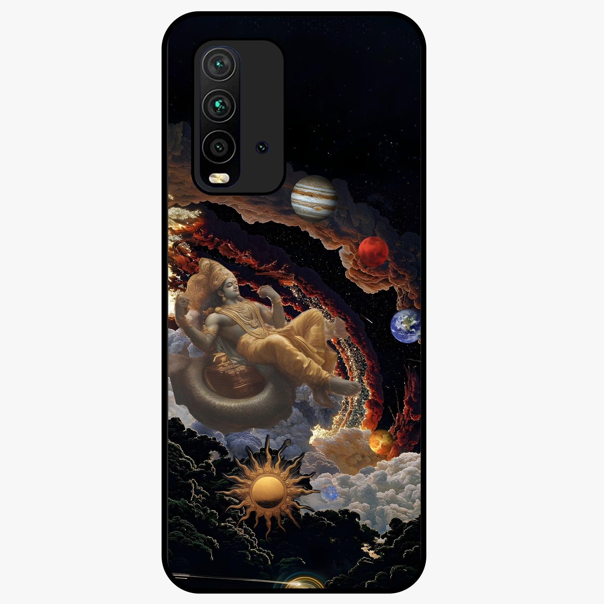 Galactic Divine God Glass Case showing flat back view with divine cosmic themed artwork and glossy glass finish.