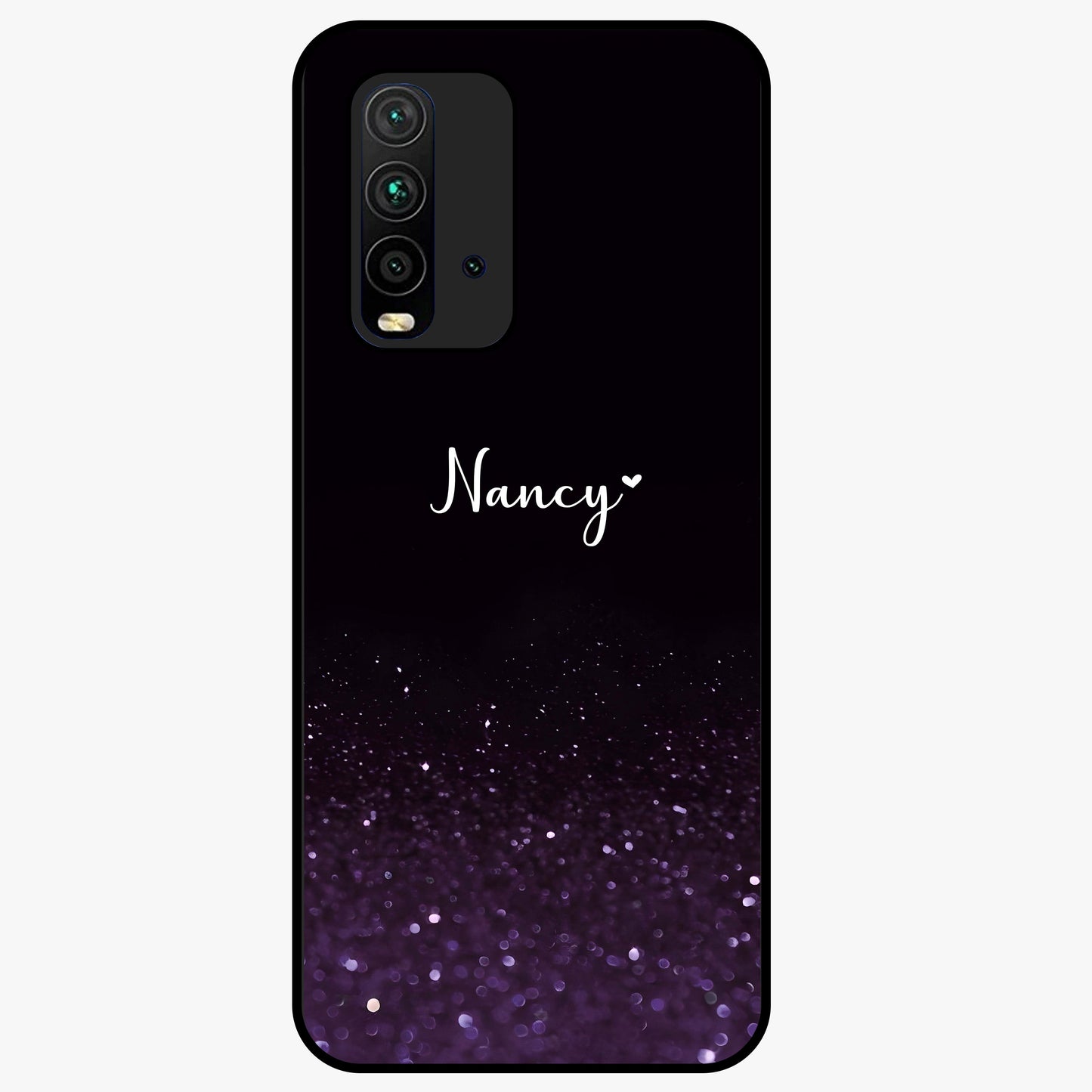 Glittery Purple Bokeh Custom Name Glass Case showing flat back view with purple bokeh sparkle artwork and personalized name design.