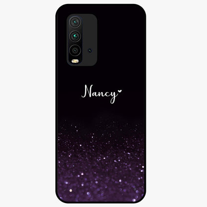 Glittery Purple Bokeh Custom Name Glass Case showing flat back view with purple bokeh sparkle artwork and personalized name design.