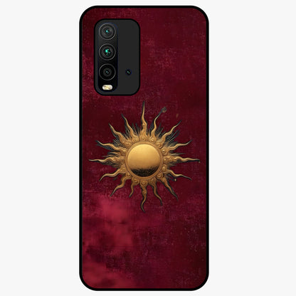 Gold Sun Blush Glass Case showing flat back view with golden sun inspired artwork and glossy glass finish.