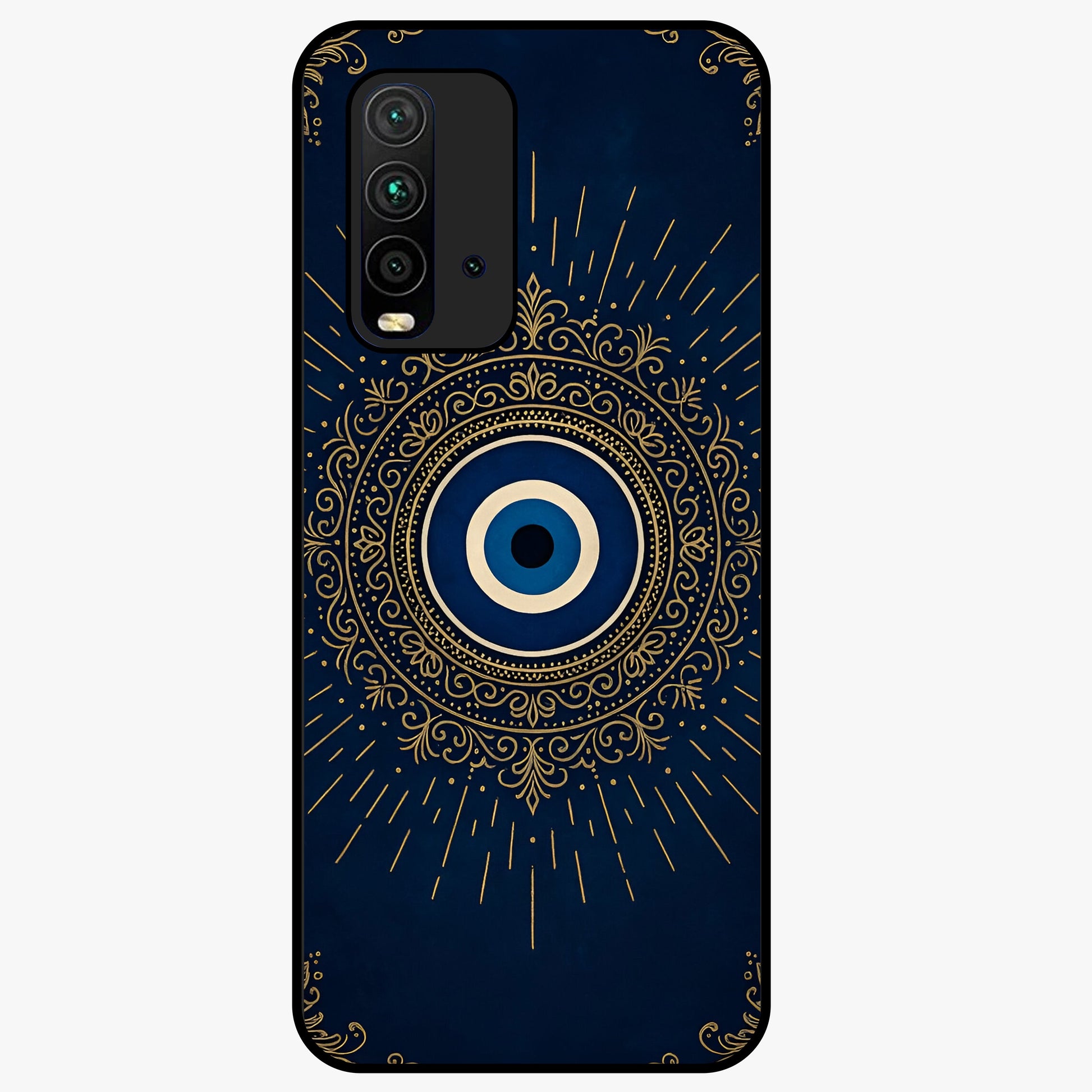 Golden Evil Eye Mandala Glass Case showing flat back view with intricate evil eye mandala artwork and glossy glass finish.