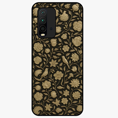 Golden Floral Majesty Glass Case showing flat back view with luxurious golden floral artwork and glossy glass finish.