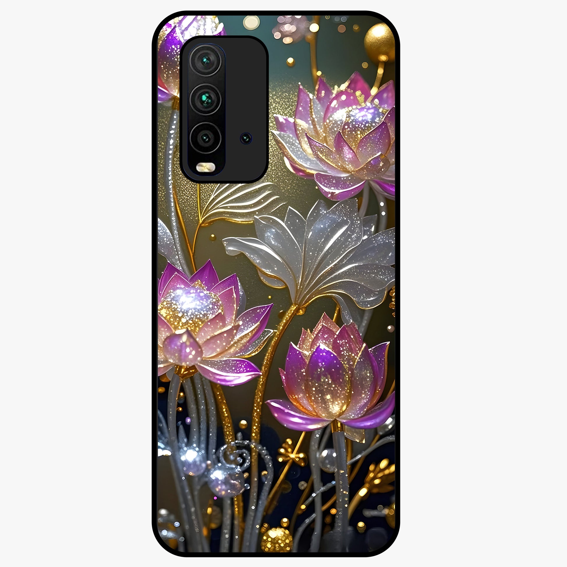 Golden Lotus Glow Glass Case showing flat back view with glowing lotus flower artwork and glossy glass finish.