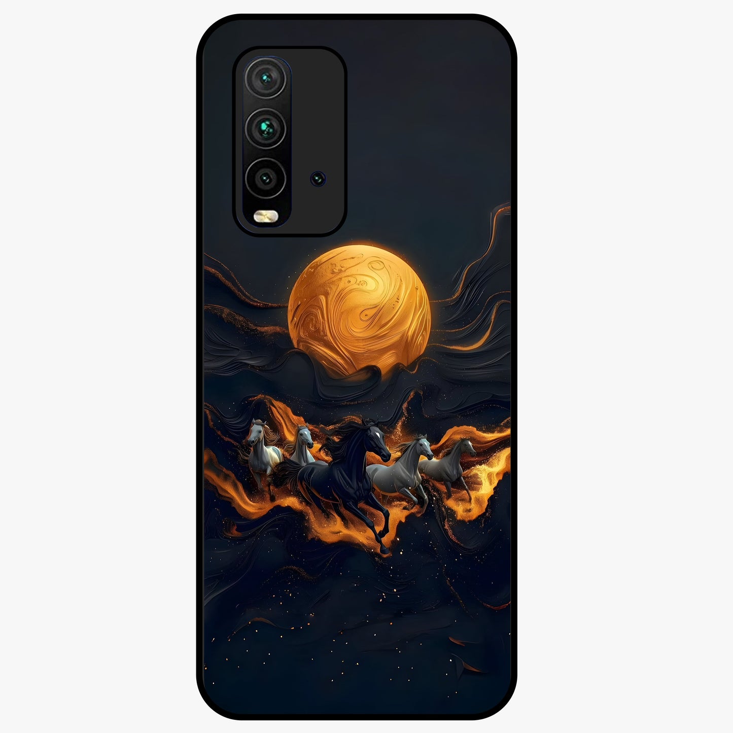 Golden Stallion Moonride Glass Case showing flat back view with majestic horse under moonlight artwork and glossy glass finish.