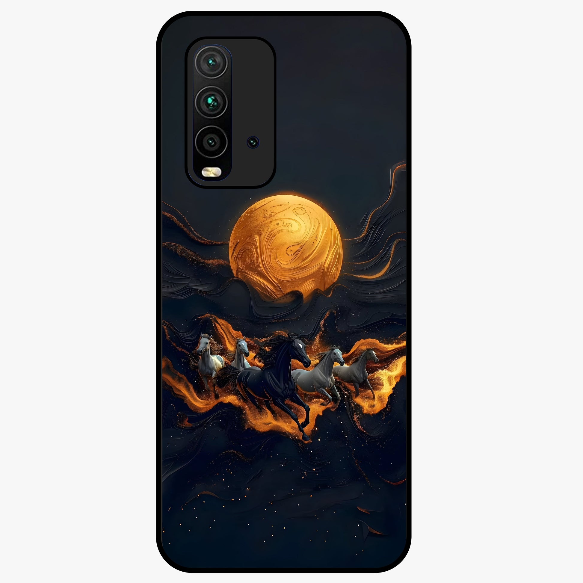 Golden Stallion Moonride Glass Case showing flat back view with majestic horse under moonlight artwork and glossy glass finish.
