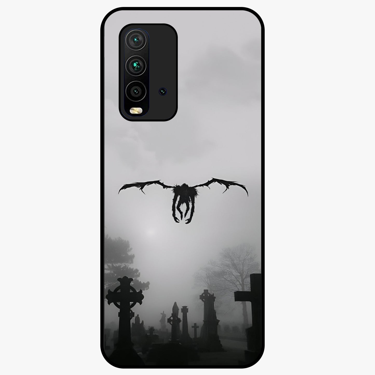 Graveyard Shadow Descent Glass Case showing flat back view with dark graveyard themed artwork and glossy glass finish.
