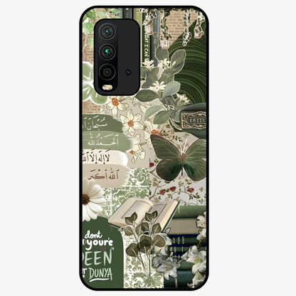 Green Islamic Books Quotes Glass Case showing flat back view with Islamic quotes and book themed artwork and glossy glass finish.