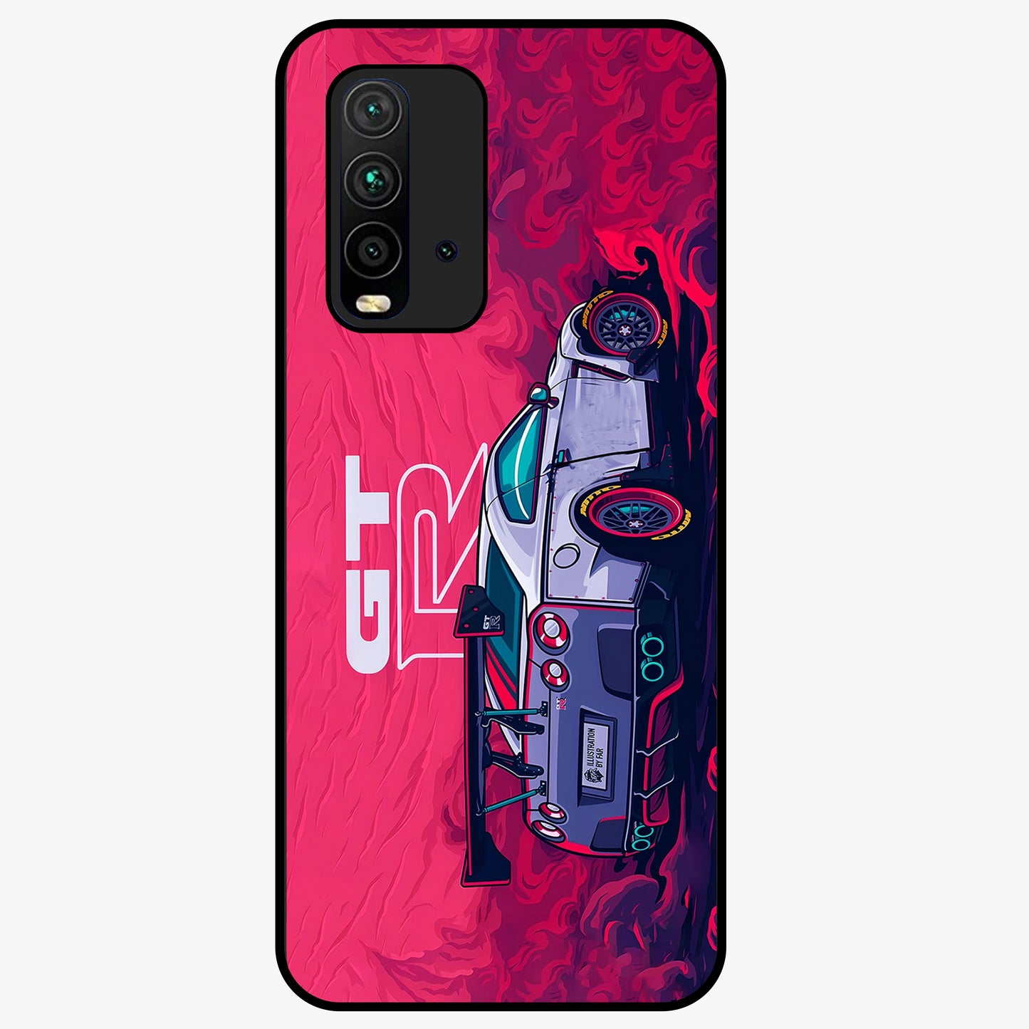 GT-R Car Pattern Glass Case showing flat back view with sporty car inspired pattern artwork and glossy glass finish.