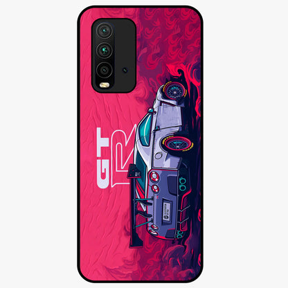 GT-R Car Pattern Glass Case showing flat back view with sporty car inspired pattern artwork and glossy glass finish.