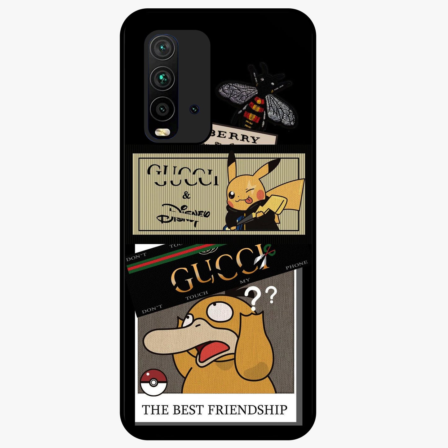 Gucci Play Mashup Glass Case showing flat back view with luxury inspired graphic artwork and glossy glass finish.