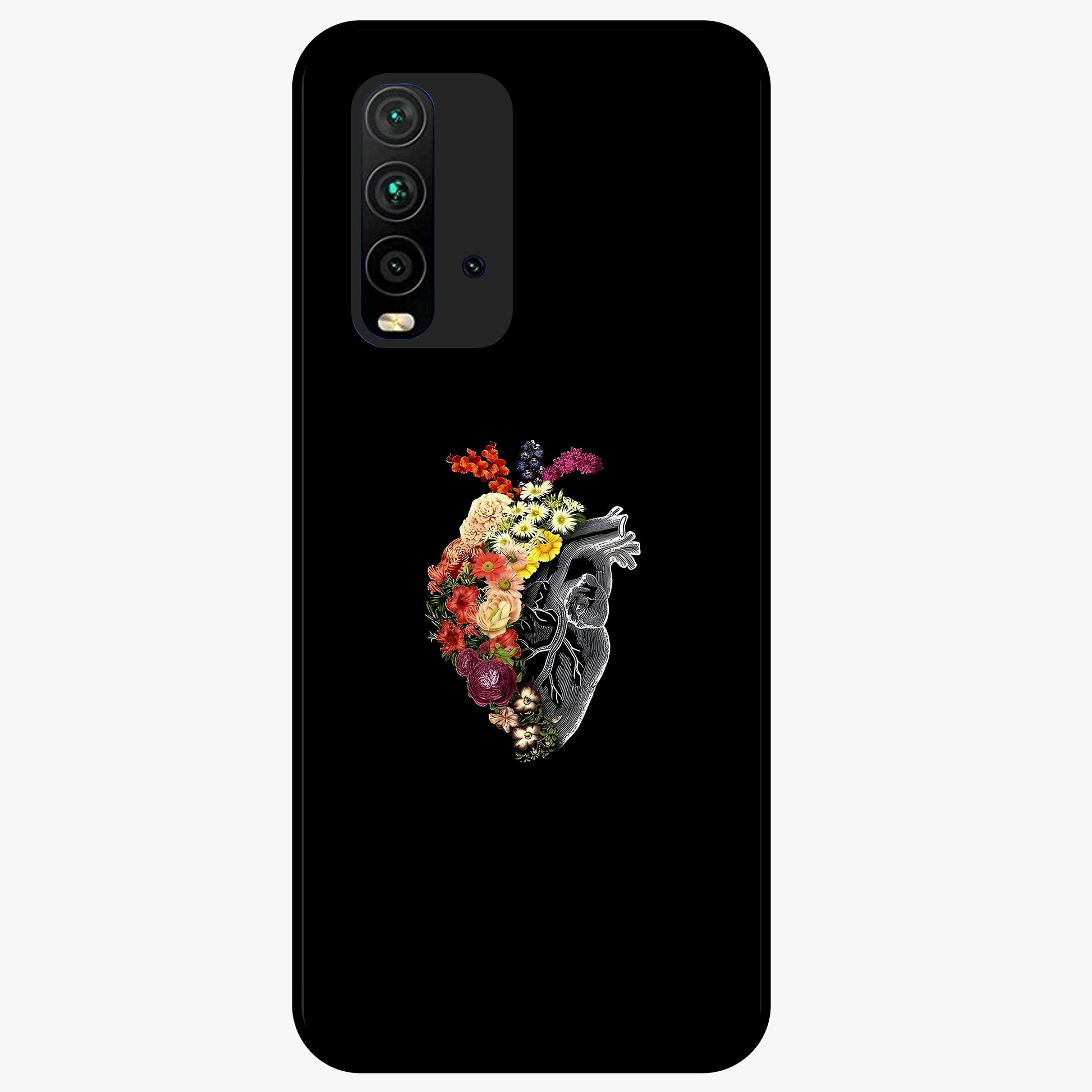 Heart With Flowers Glass Case showing flat back view with heart shaped floral artwork and glossy glass finish.