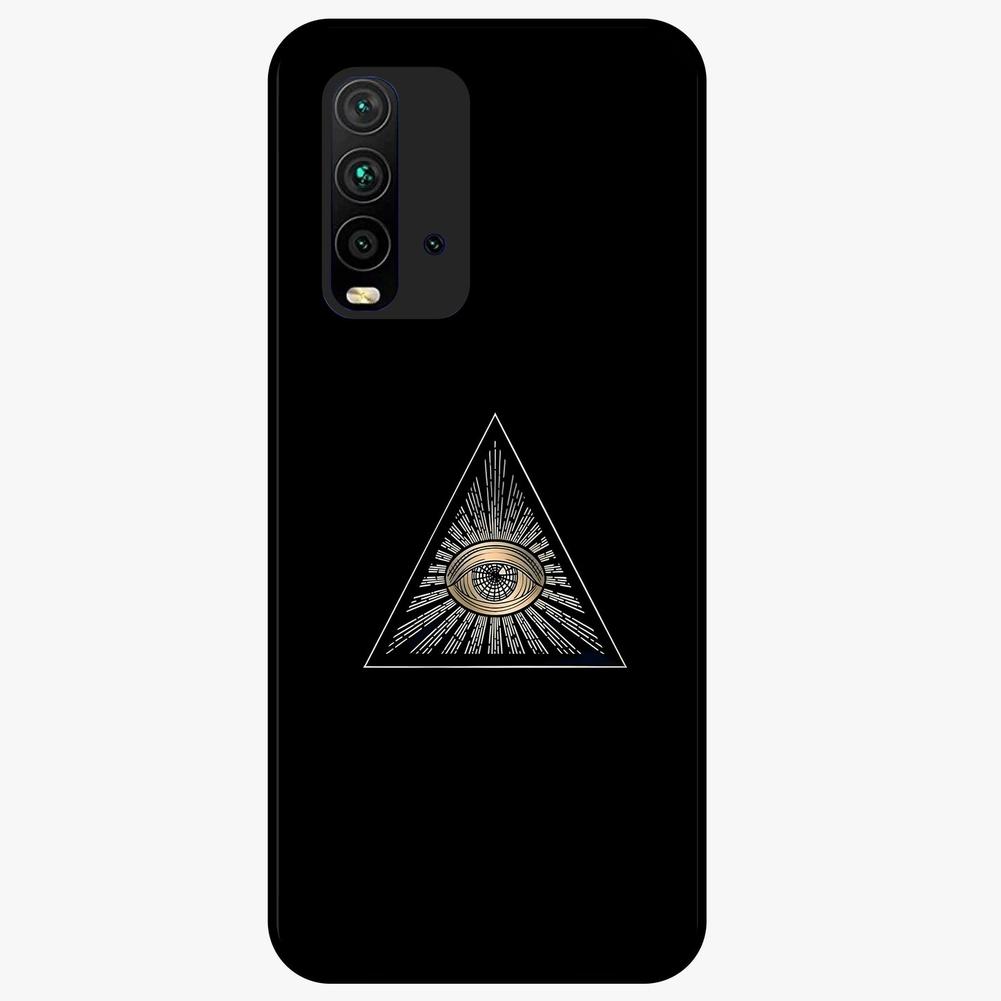 Illuminati Evil Glass Case showing flat back view with mysterious illuminati symbol artwork and glossy glass finish.