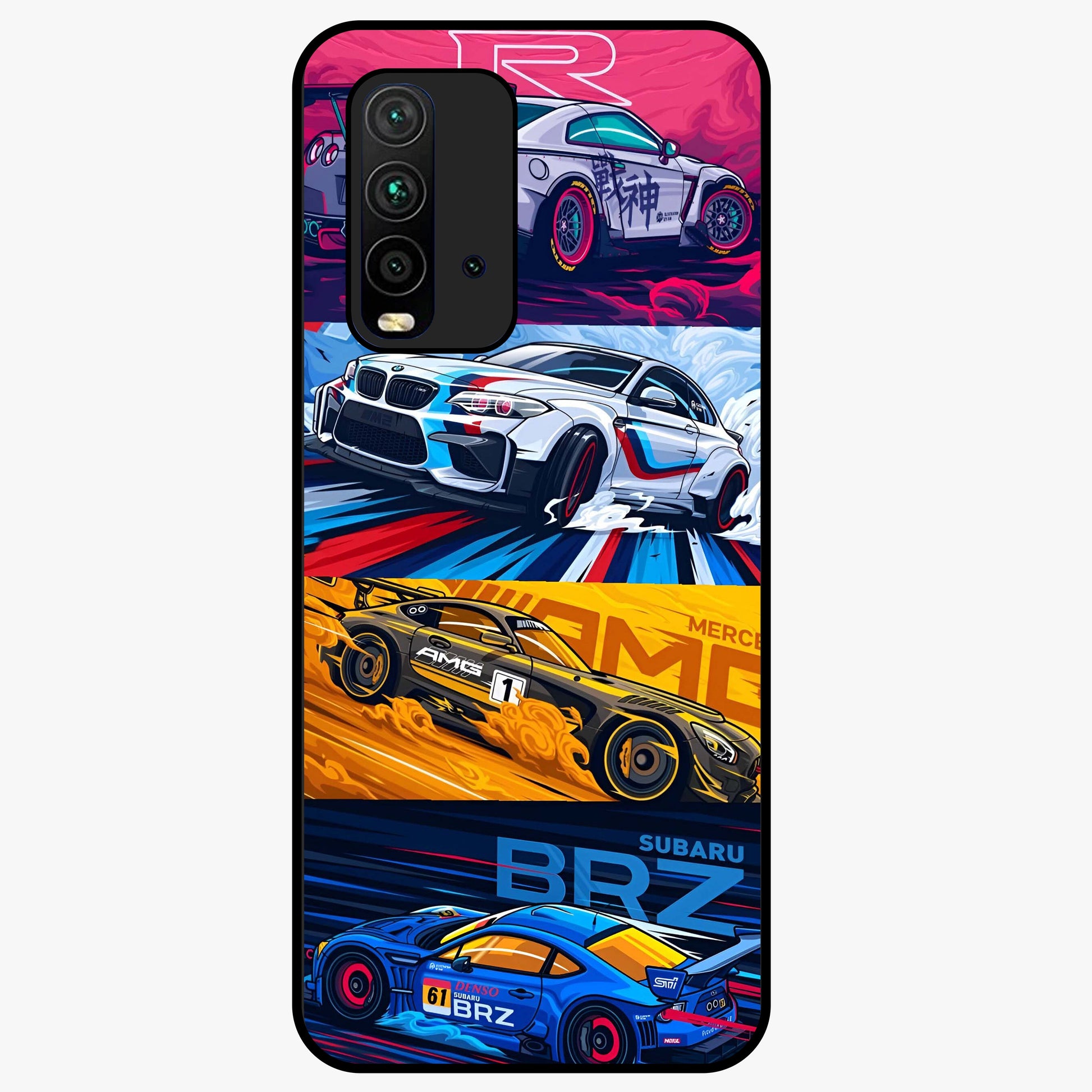 JDM Sports Car Glass Case showing flat back view with high performance sports car artwork and glossy glass finish.
