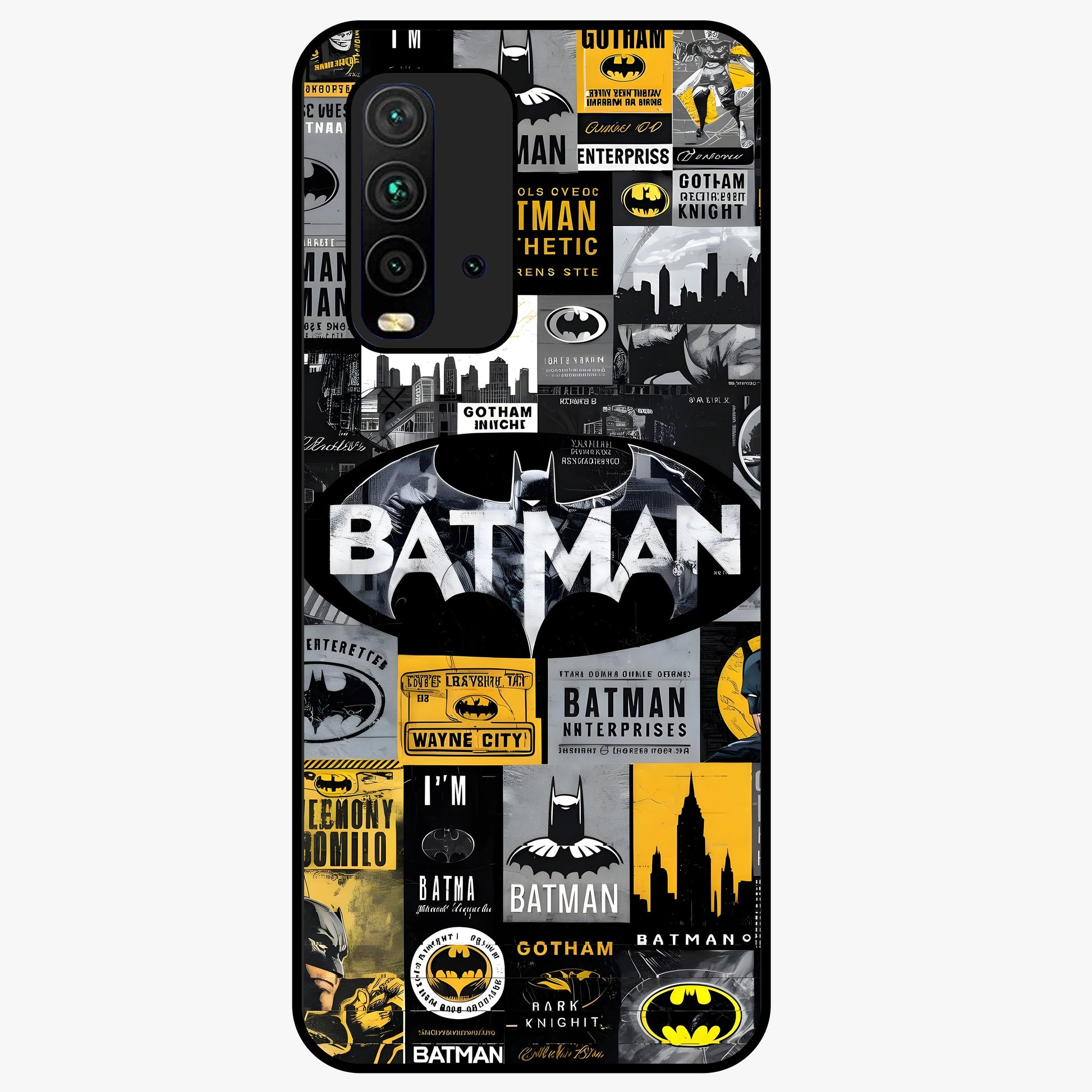Knight Gotham Rise Glass Case showing flat back view with dark hero inspired artwork and glossy glass finish.