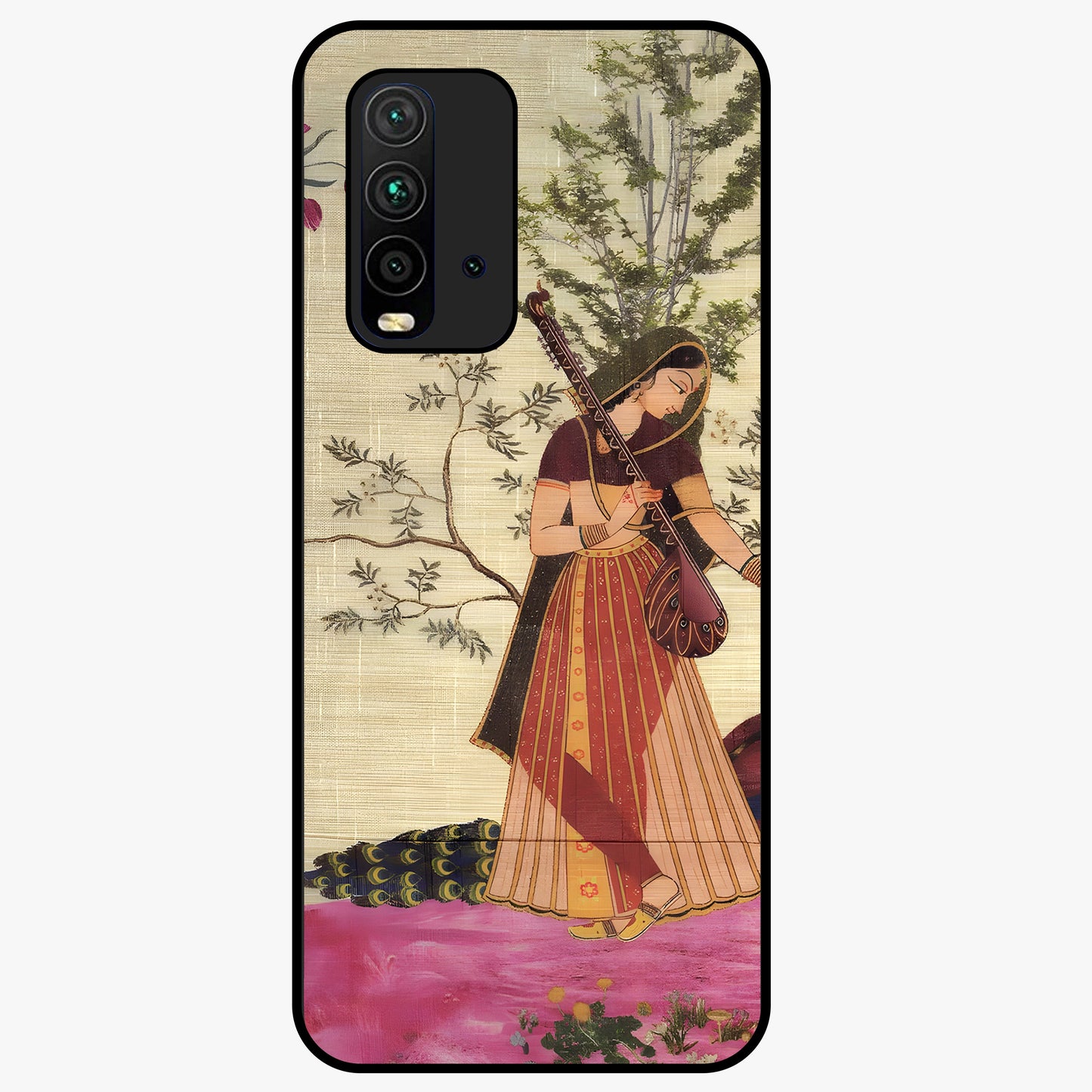 Lady With Veena Art Glass Case showing flat back view with elegant woman playing veena artwork and glossy glass finish.
