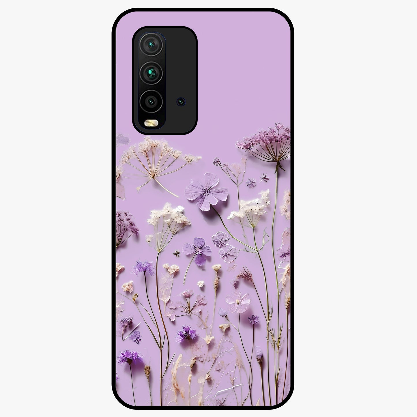 Lavender Blossom Dream Glass Case showing flat back view with soft lavender floral artwork and glossy glass finish.