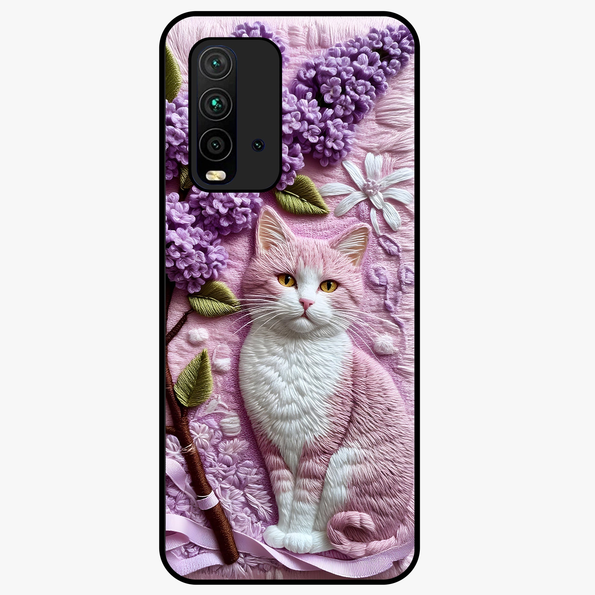 Lavender Cat Whimsy Glass Case showing flat back view with cute lavender cat artwork and glossy glass finish.