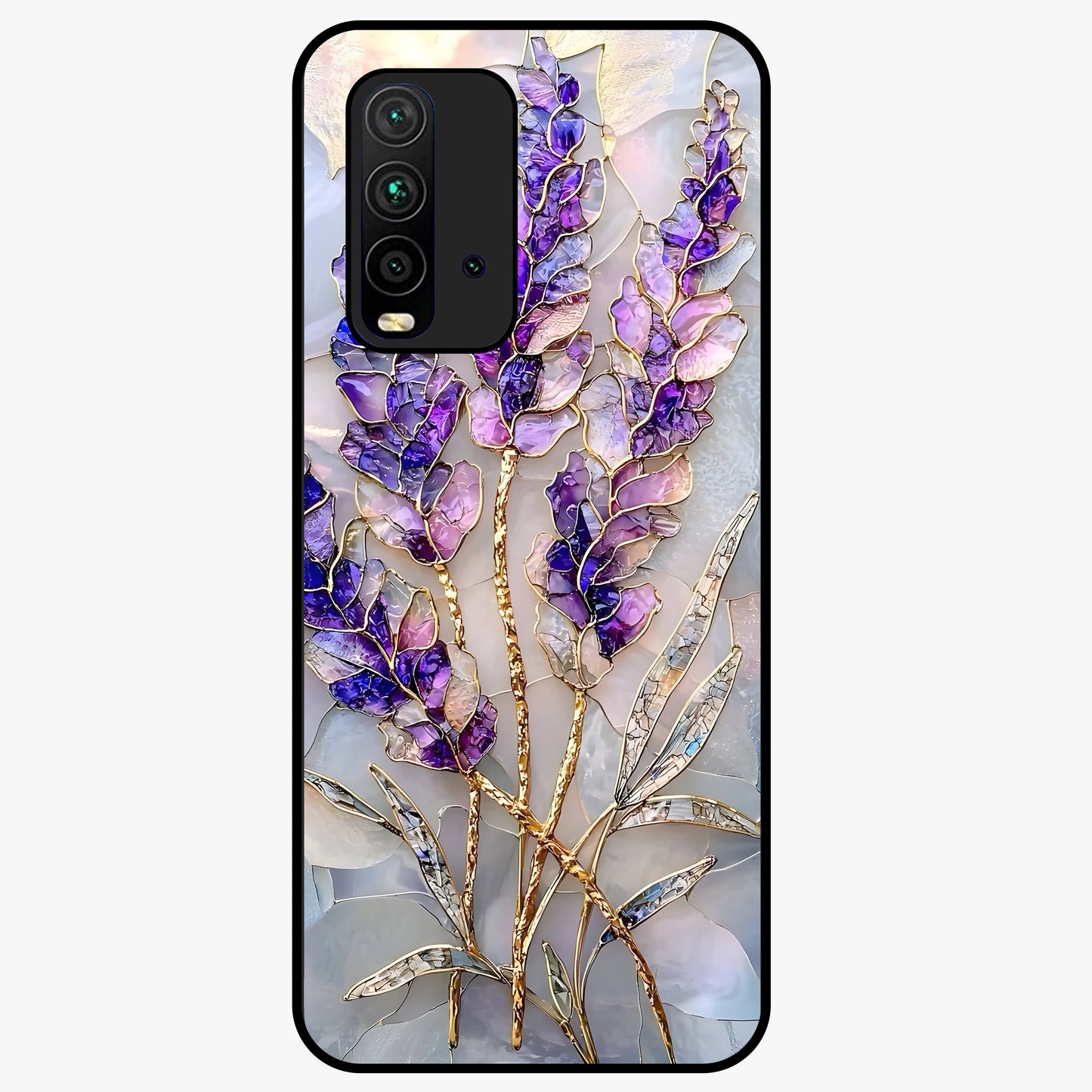 Lavender Dream Glow Glass Case showing flat back view with glowing lavender aesthetic artwork and glossy glass finish.