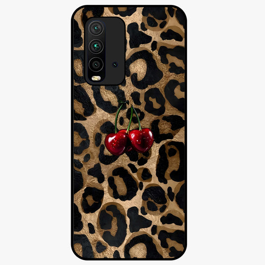 Leopard Wild Cherry Glass Case showing flat back view with leopard pattern and cherry artwork and glossy glass finish.