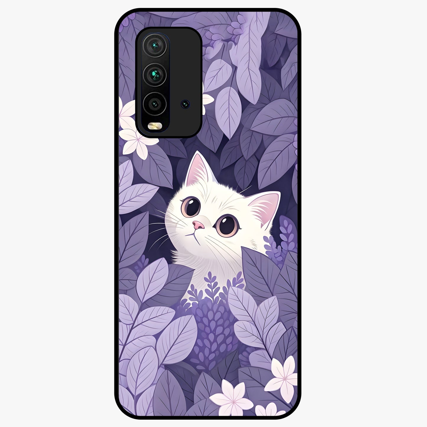 Lilac Hide Peek Cat Glass Case showing flat back view with cute peeking cat artwork and glossy glass finish.