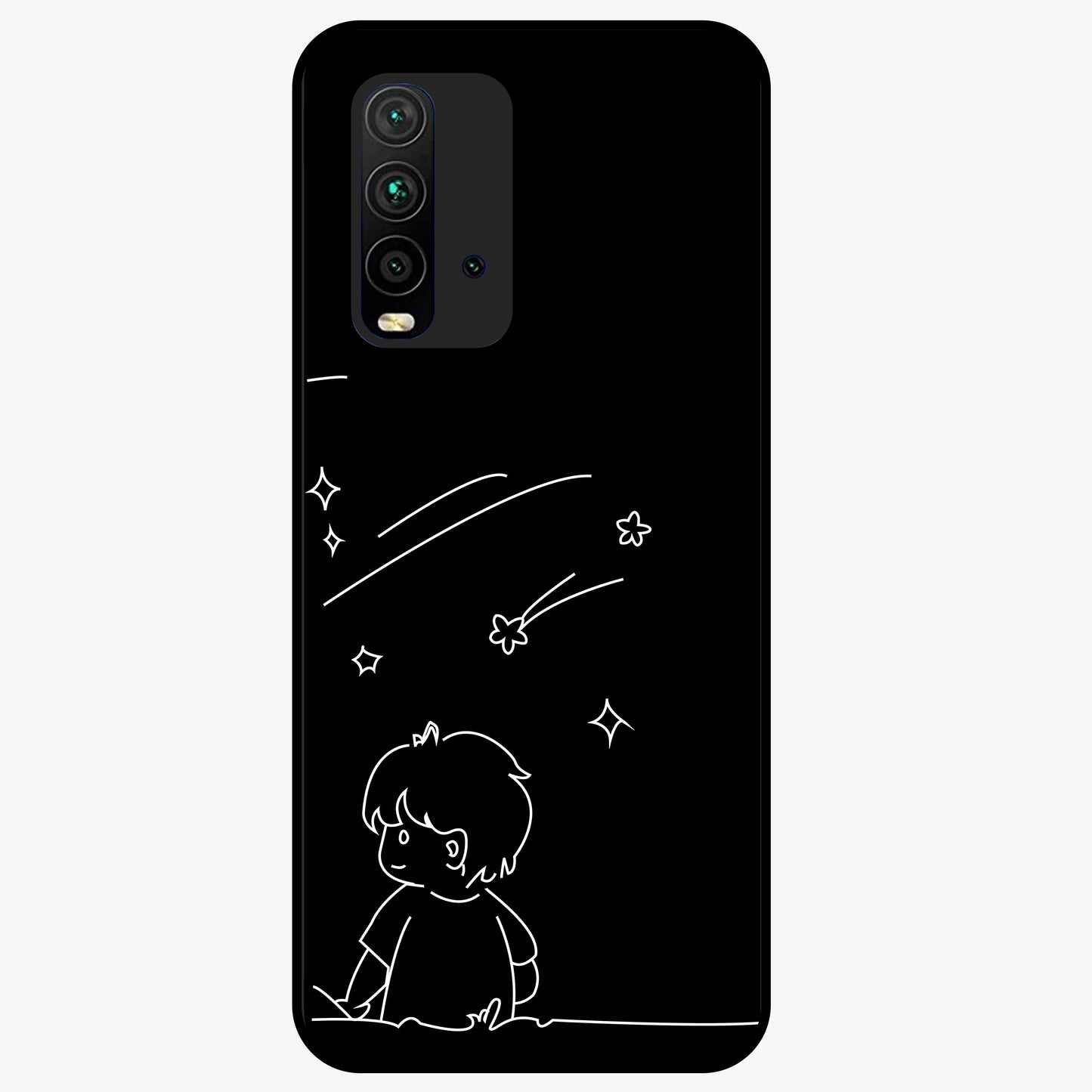 Line Art Boy With Shooting Stars Glass Case showing flat back view with minimal line art boy and shooting stars illustration and glossy glass finish.