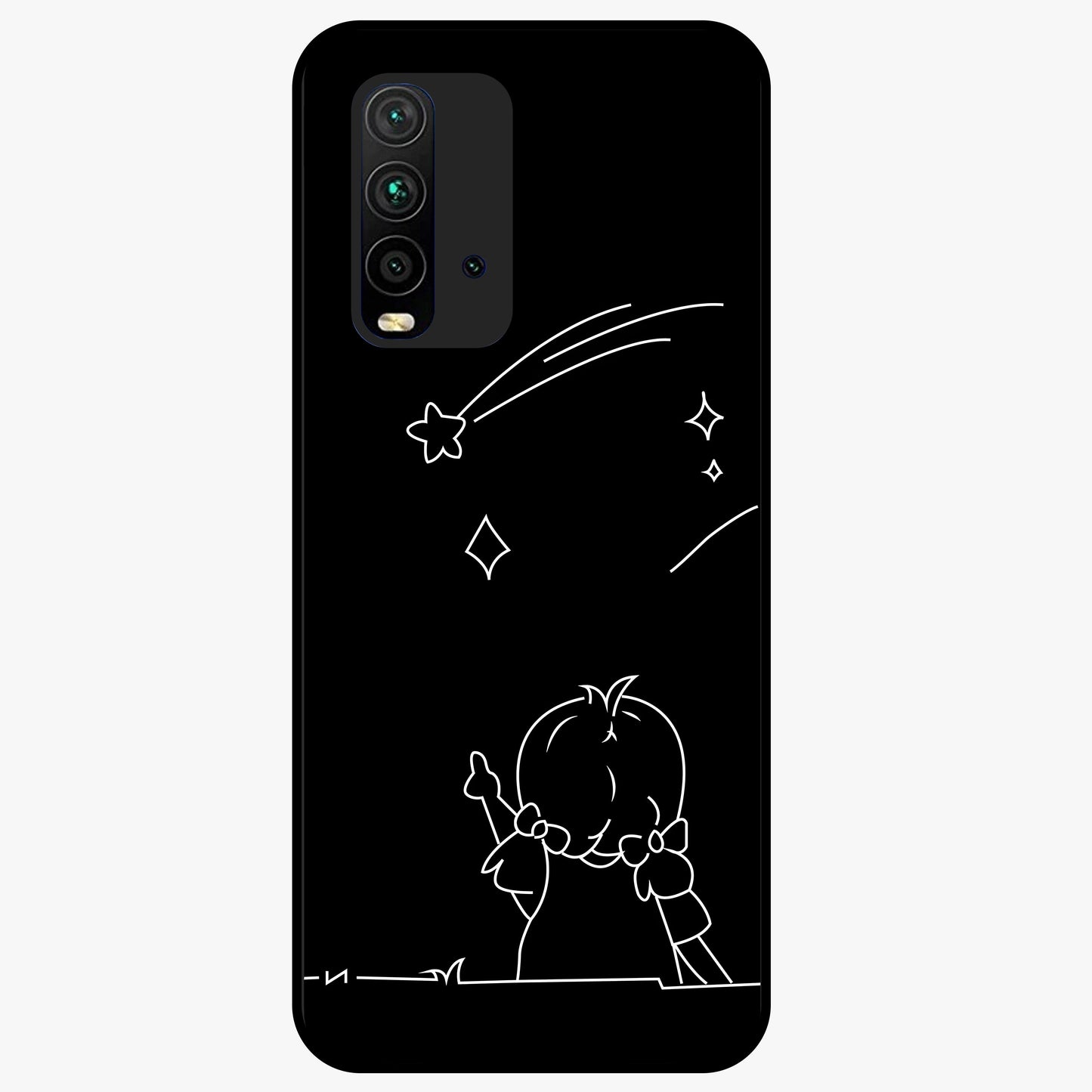 Line Art Girl With Shooting Stars Glass Case showing flat back view with minimal line art girl and shooting stars illustration and glossy glass finish.
