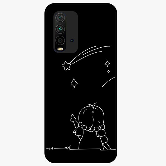 Line Art Girl With Shooting Stars Glass Case showing flat back view with minimal line art girl and shooting stars illustration and glossy glass finish.