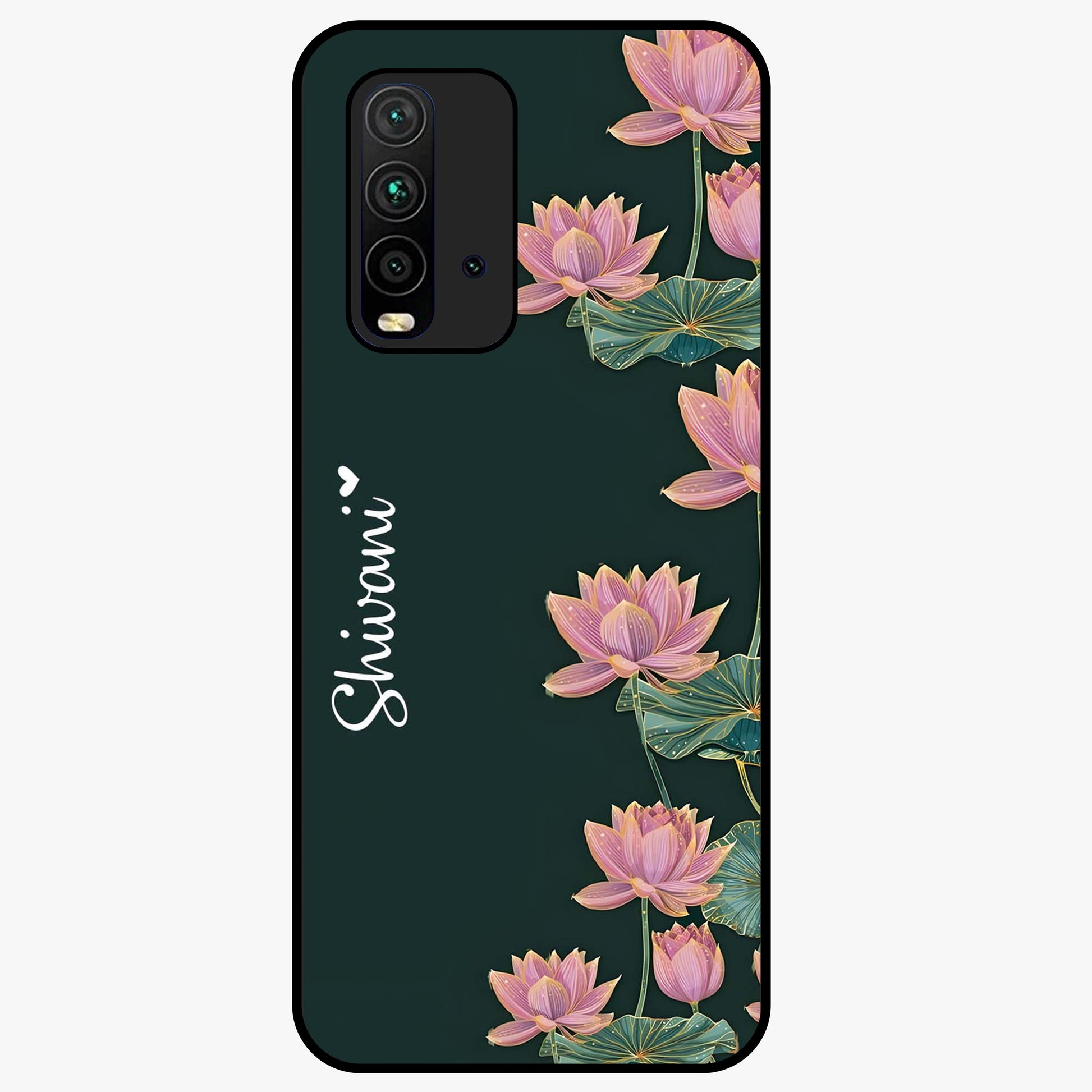 Lotus Bloom Serenity Custom Name Glass Case showing flat back view with elegant lotus flower artwork and personalized name design.