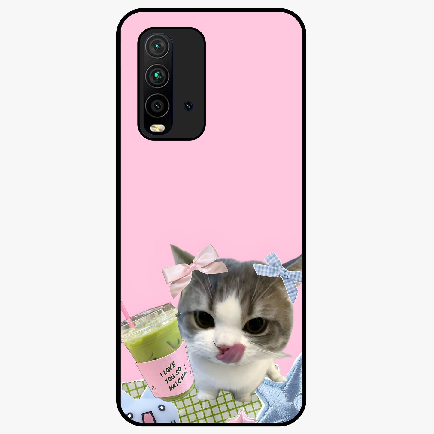 Love Matcha Cat Glass Case showing flat back view with cute cat and matcha themed artwork and glossy glass finish.