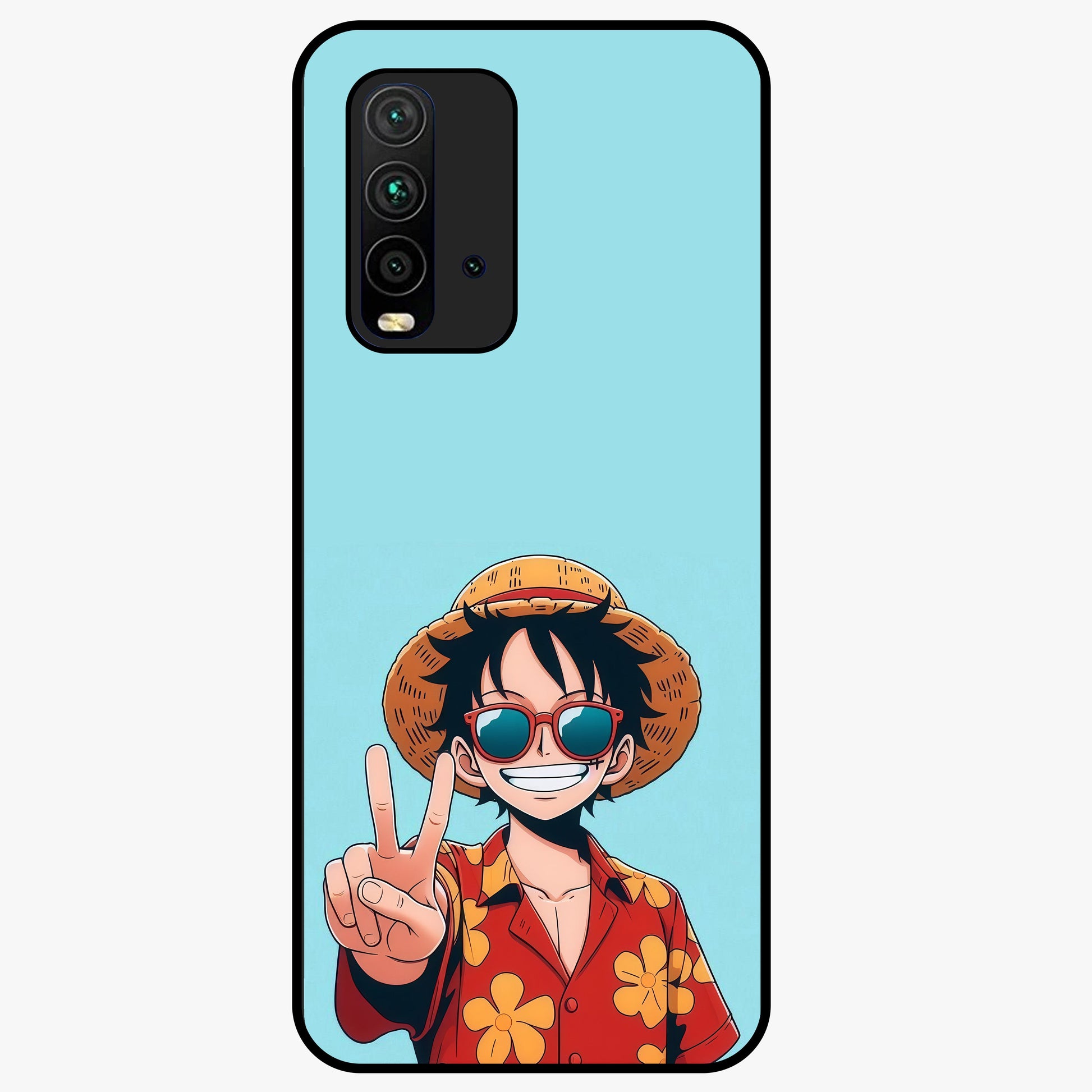Luffy Summer Anime Vibe Glass Case showing flat back view with vibrant anime character artwork and glossy glass finish.