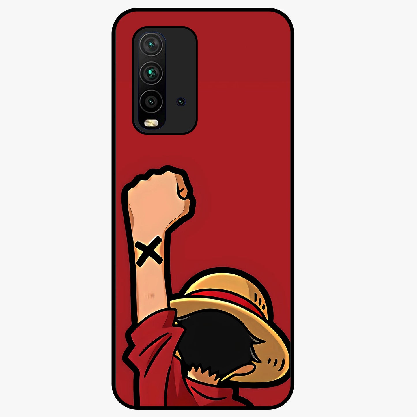 Luffy X Spirit Glass Case showing flat back view with bold anime character artwork and glossy glass finish.