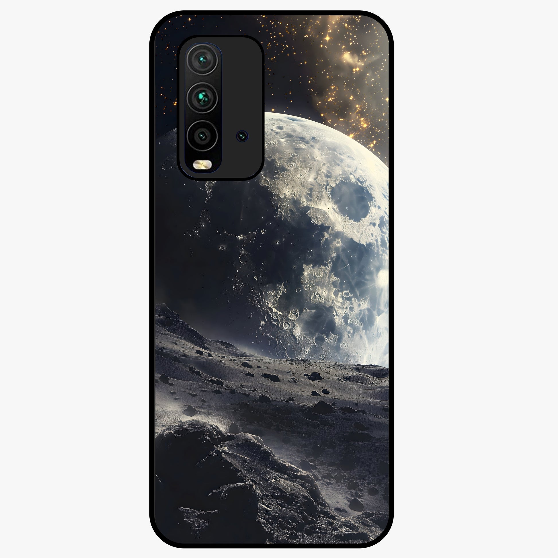 Lunar Horizon Glow Glass Case showing flat back view with glowing moon horizon artwork and glossy glass finish.