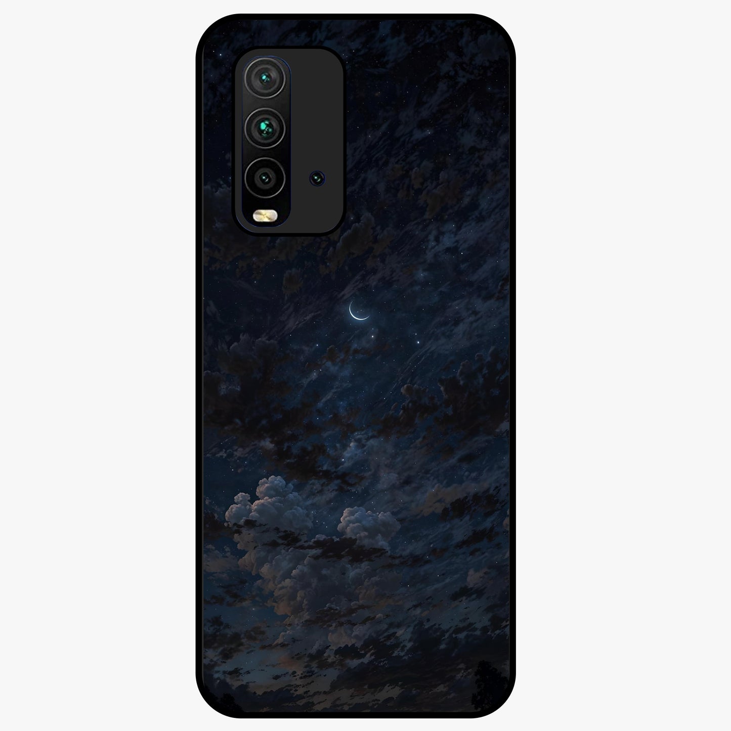 Lunar Veil Silence Glass Case showing flat back view with mystical moon veil artwork and glossy glass finish.