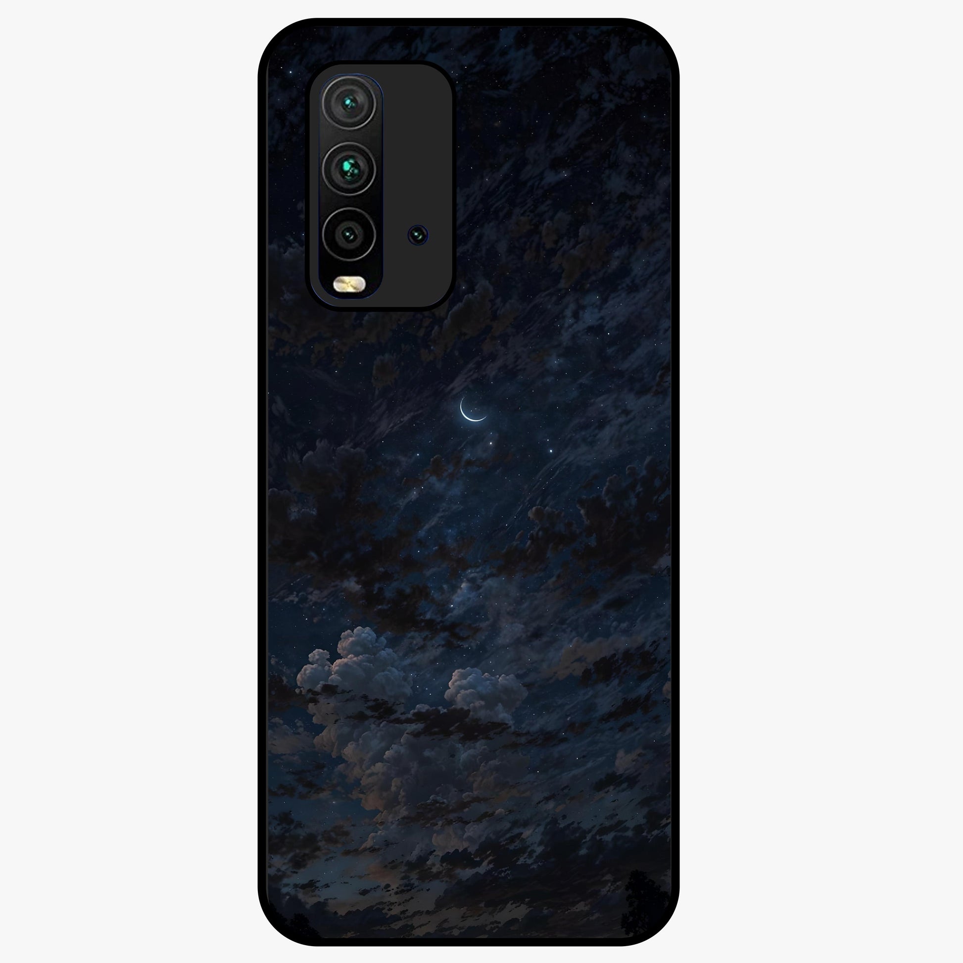 Lunar Veil Silence Glass Case showing flat back view with mystical moon veil artwork and glossy glass finish.